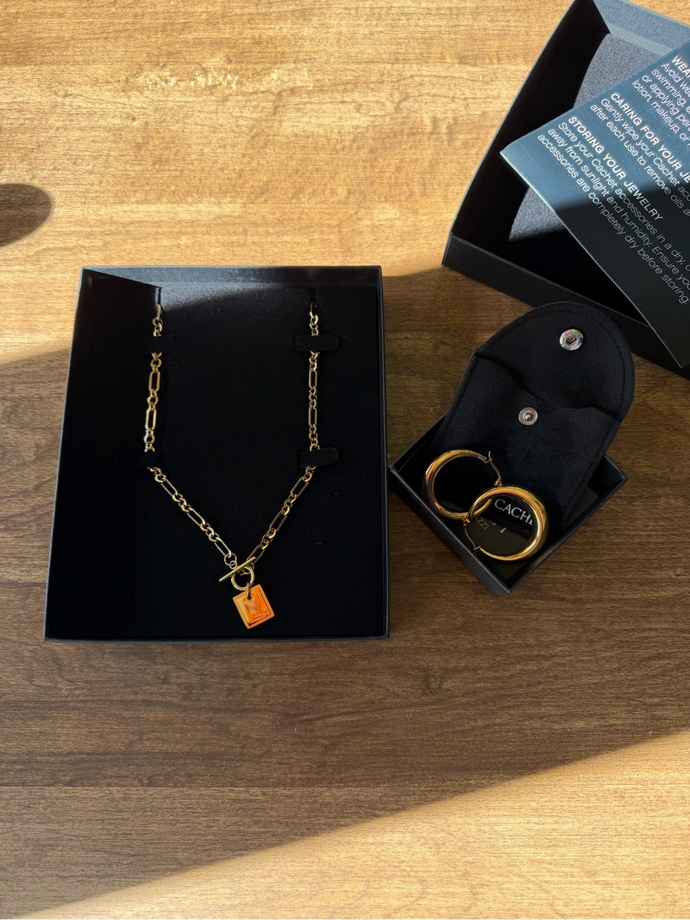 Paparazzi Cachet Gold-Tone Chain Necklace with Orange Pendant and Matching Hoops